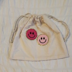 Smiley Face Drawstring Pouch - Pink and Gold